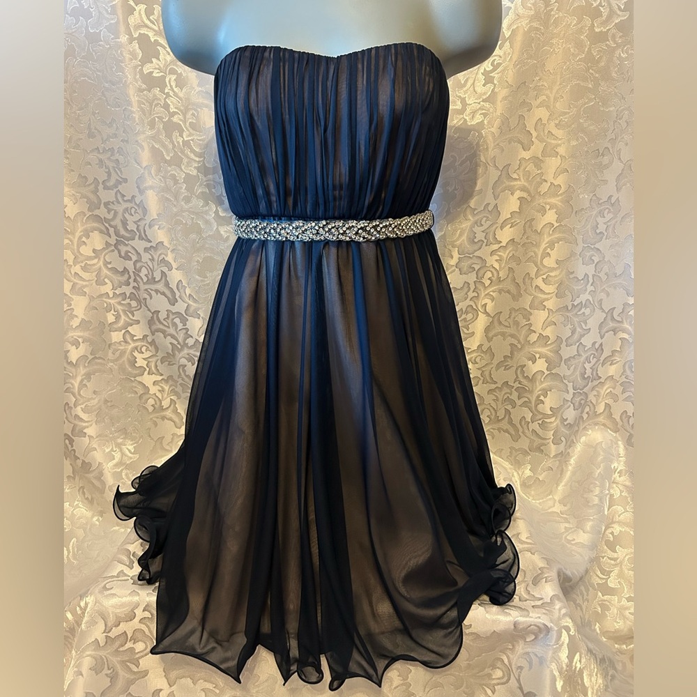 Size 5 Sequin Hearts Navy HOCO Dress, Satin and Tulle lining, Rhinestone Belt